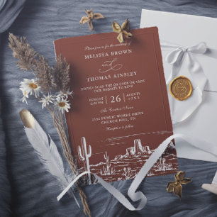 Convites Casamento Código QR Ocidental Terracota Boho Minim