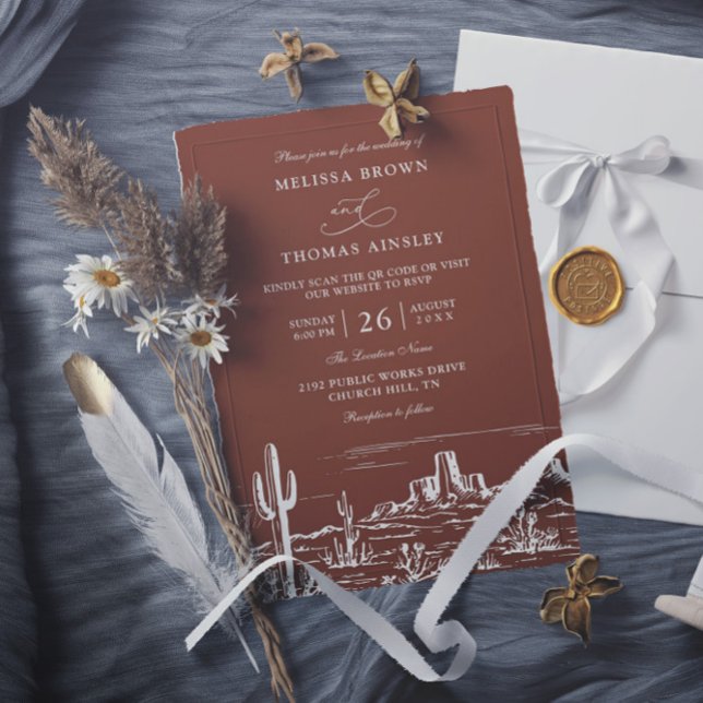 Convites Casamento Código QR Ocidental Terracota Boho Minim (Criador carregado)