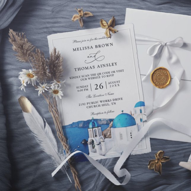 Convites Casamento Código QR Orçamento Aquarela Santorini G (Criador carregado)
