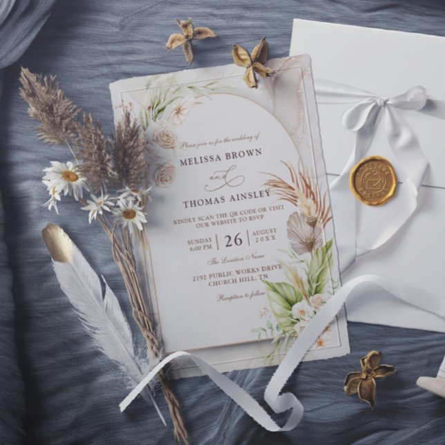 Convites Casamento Código QR Orçamento Boho Flores Pampas (Criador carregado)