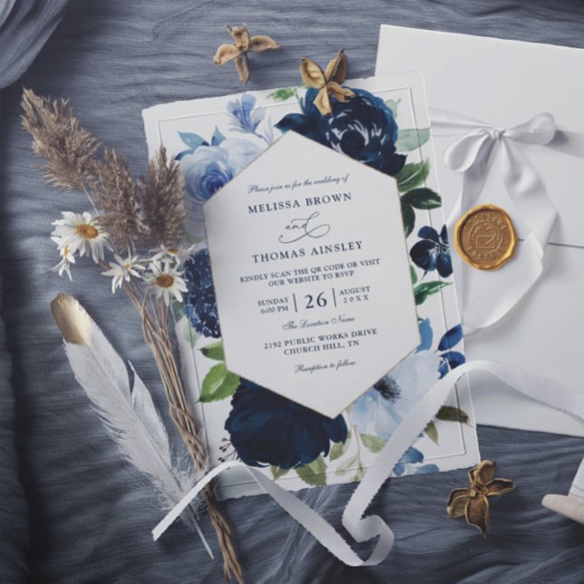 Convites Casamento Código QR Orçamento Flores Azul-Marinho  (Criador carregado)