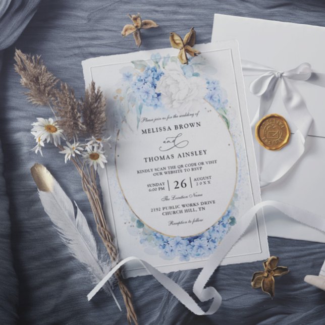 Convites Casamento Código QR Orçamento Flores Brancas Azul  (Criador carregado)
