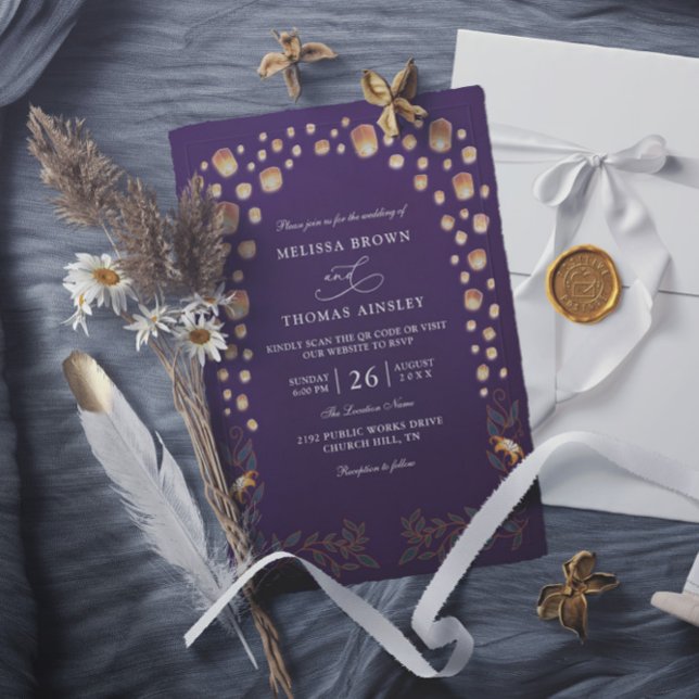 Convites Casamento Código QR Orçamento Lanternas Emaranhada (Criador carregado)