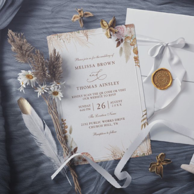 Convites Casamento Código QR Orçamento Moderno Floral Boho  (Criador carregado)