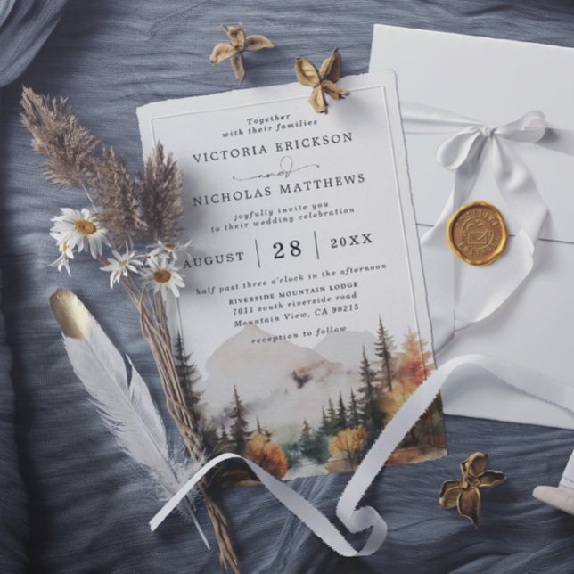 Convites Casamento código QR Orçamento Montanha Aquarela Bo (Criador carregado)