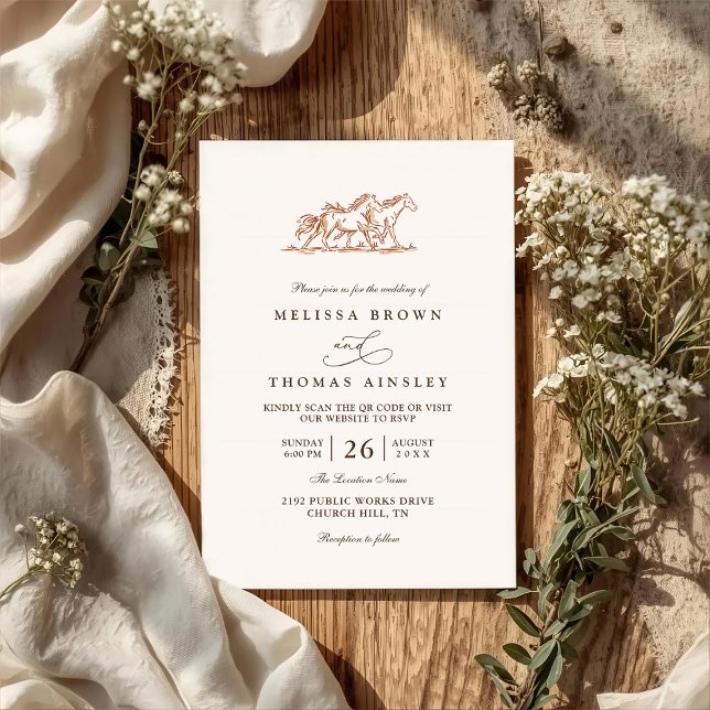 Convites Casamento Código QR País Rústico Cavalos Selvagens (Criador carregado)