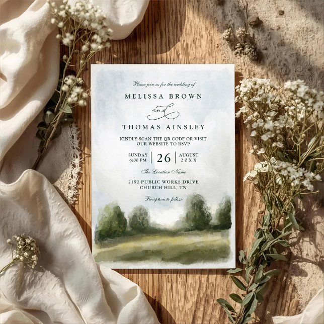 Convites Casamento Código QR Paisagem Rural Aquarela (Criador carregado)