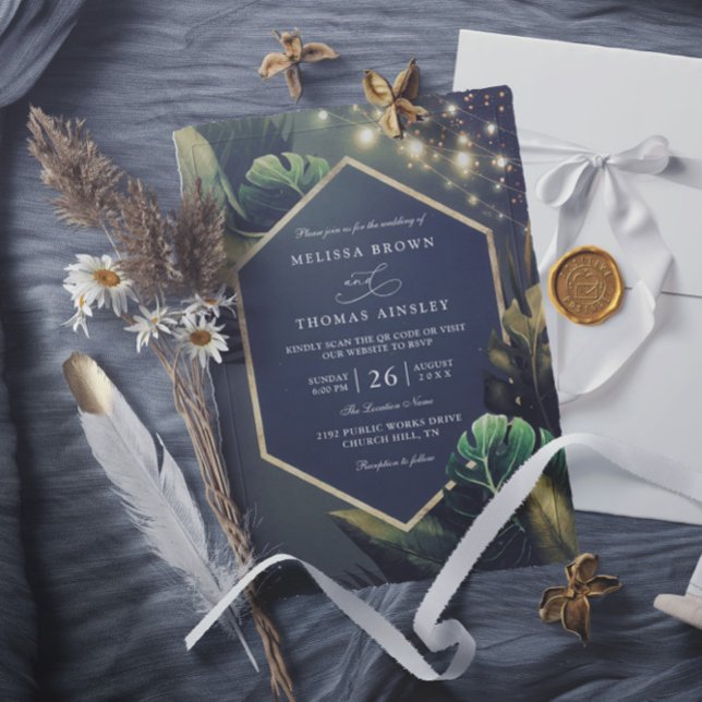 Convites Casamento Código QR Palmeiras Douradas Noite Tropi (Criador carregado)