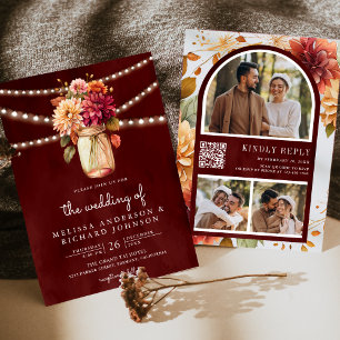 Convites Casamento Código QR Pote de Pedra Dahlia Outono Bo