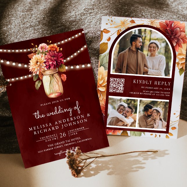 Convites Casamento Código QR Pote de Pedra Dahlia Outono Bo (Criador carregado)