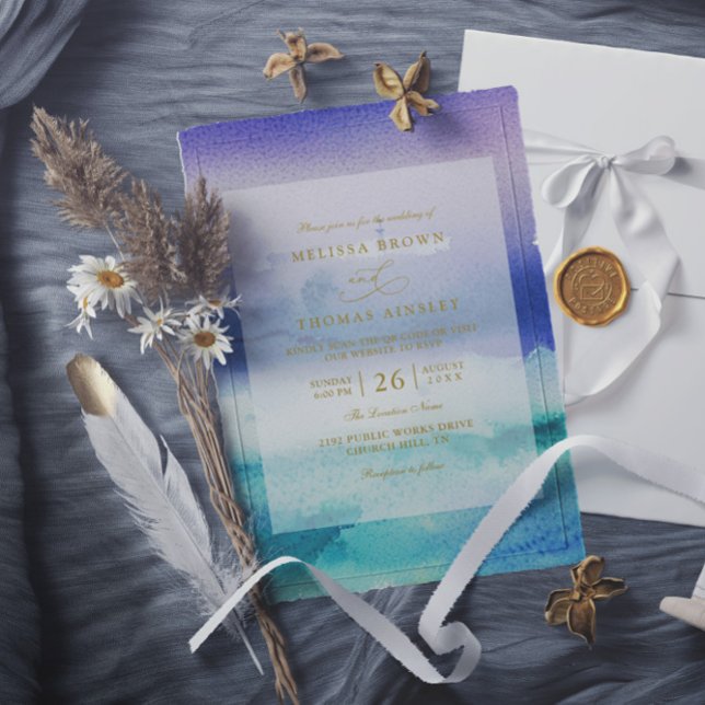 Convites Casamento Código QR Praia Azul Mar Roxo Elegante (Criador carregado)