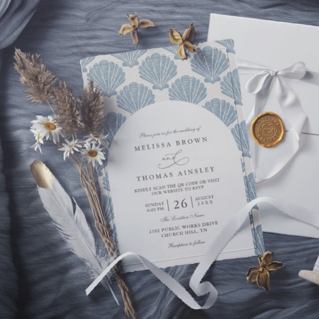 Convites Casamento Código QR Praia de Conchas Elegante Mode (Criador carregado)