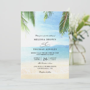 Convites Casamento Código QR Praia Ilha Tropical Palmeira