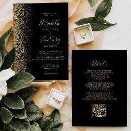 Convites Casamento Código QR Preto Brilho Dourado Moderno