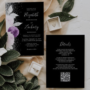 Convites Casamento Código QR Preto Brilho Prata Roxo Floral