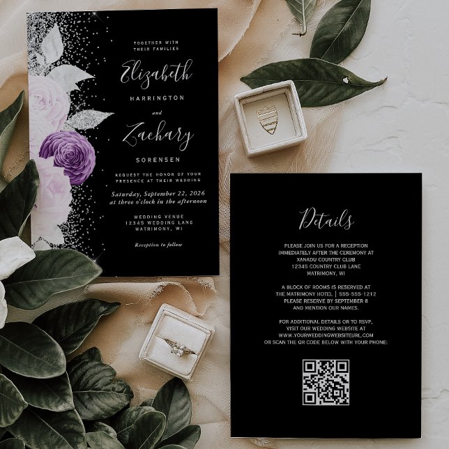 Convites Casamento Código QR Preto Brilho Prata Roxo Floral (Criador carregado)