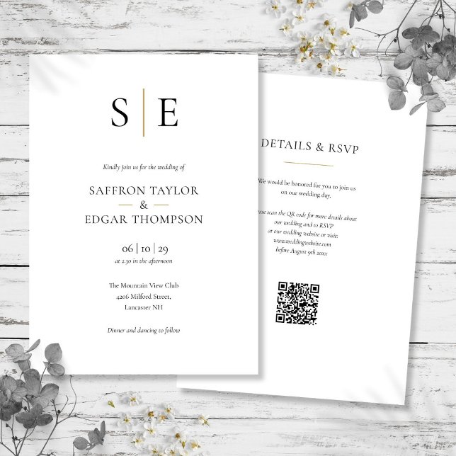 Convites Casamento Código QR Preto Dourado Monograma (Monogram Gold Black QR Code Wedding Invitation)