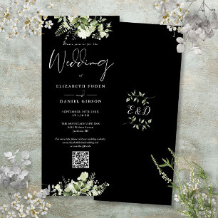 Convites Casamento Código QR Preto e Branco Floral Verde