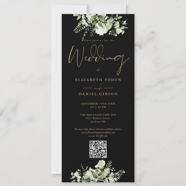 Convites Casamento Código QR Preto e Dourado Floral Verde (Frente)