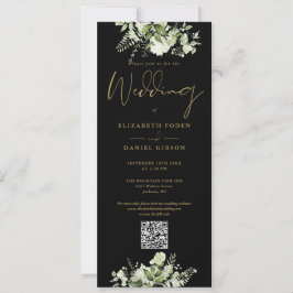 Convites Casamento Código QR Preto e Dourado Floral Verde