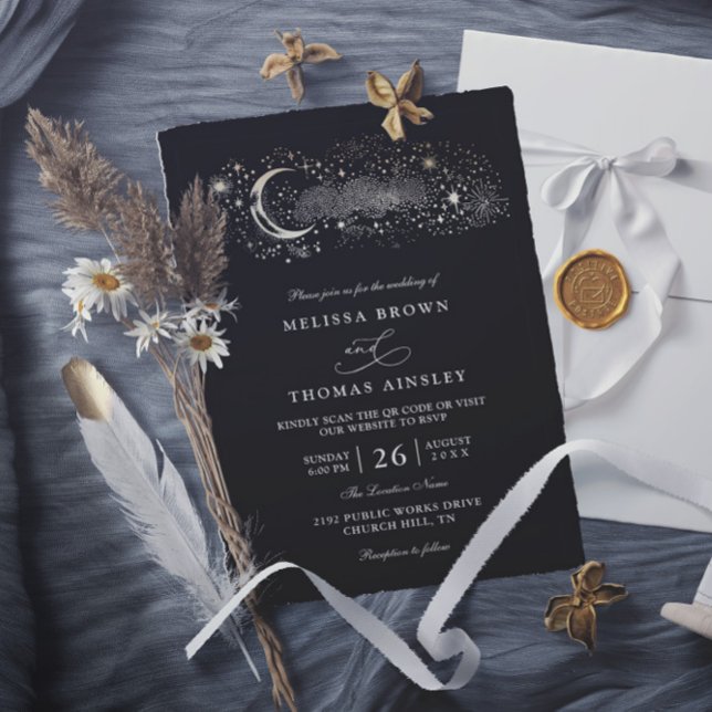 Convites Casamento Código QR Preto Estrelas Lua Celestial B (Criador carregado)