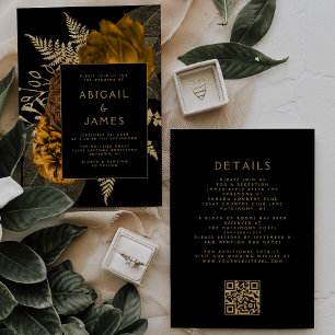 Convites Casamento Código QR Preto Floral Dourado Laranja Q