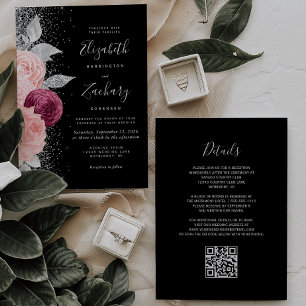 Convites Casamento Código QR Preto Prata Rosa Borgonha Flor