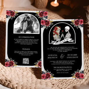Convites Casamento Código QR Preto Rosas Casal Esqueleto Gó