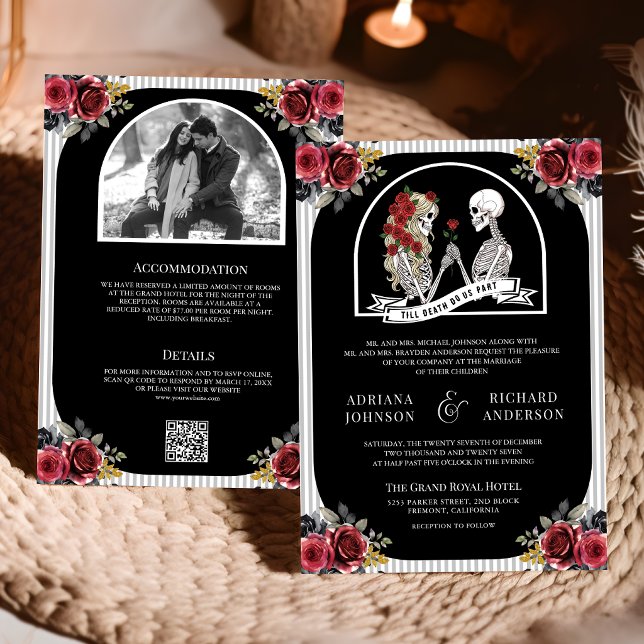 Convites Casamento Código QR Preto Rosas Casal Esqueleto Gó (Criador carregado)