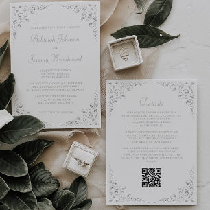 Convites Casamento Código QR Quadro Botânico Silver Script