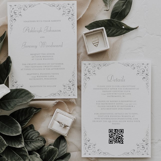 Convites Casamento Código QR Quadro Botânico Silver Script (Criador carregado)