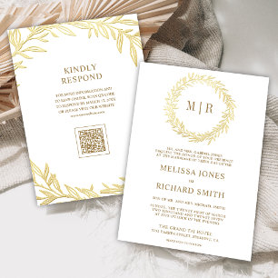 Convites Casamento Código QR Ramo Folha de Ouro Branco