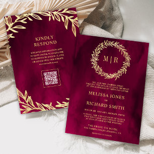 Convites Casamento Código QR Ramo Folha Dourada Rosa Magent