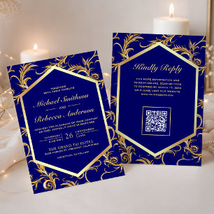 Convites Casamento Código QR Redemoinho Flor de Ouro Azul R