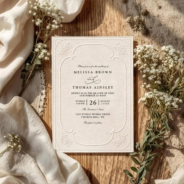 Convites Casamento Código QR Relevo Ornamentado Elegante An (Criador carregado)