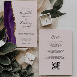 Convites Casamento Código QR Rosa Bege Ágata Dourada Roxa