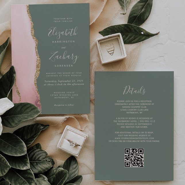 Convites Casamento Código QR Rosa Bege Ágata Verde Sage (Criador carregado)