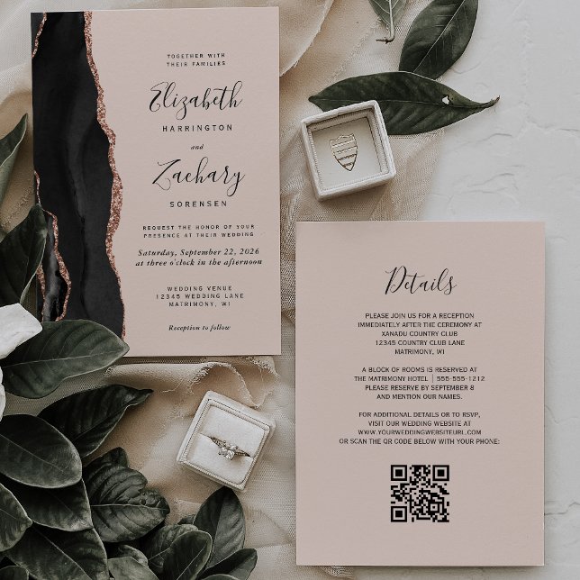 Convites Casamento Código QR Rosa Chic Preto Dourado Ágata (Criador carregado)