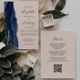 Convites Casamento Código QR Rosa Dourada Ágata Azul Marinh