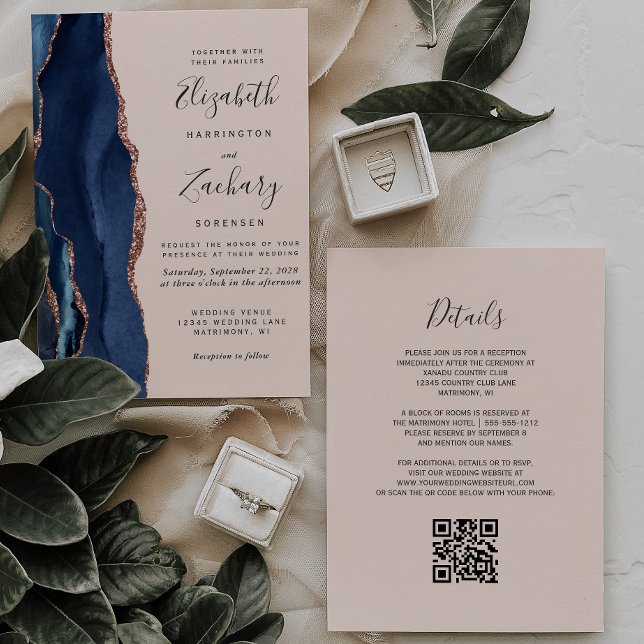 Convites Casamento Código QR Rosa Dourada Ágata Azul Marinh (Criador carregado)