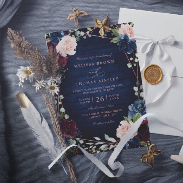Convites Casamento Código QR Rosa Dourado Bege Marinho Borg (Criador carregado)