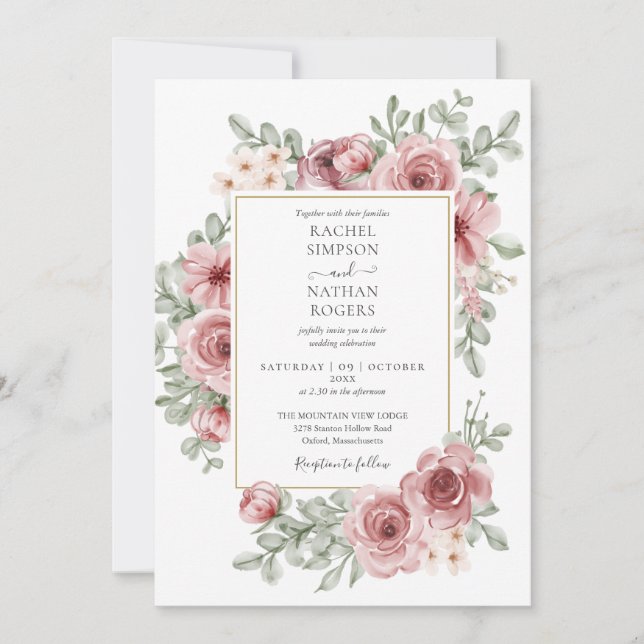 Convites Casamento Código QR Rosa Floral Empoeirado (Frente)