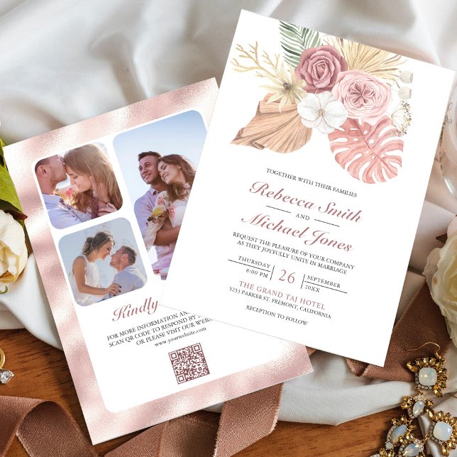 Convites Casamento Código QR Rosas Rosa Empoeiradas Boho Rú (Criador carregado)