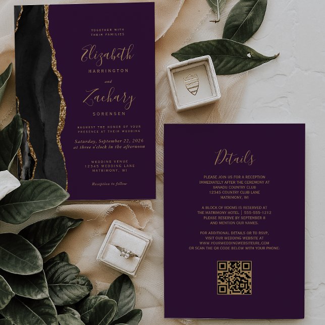 Convites Casamento Código QR Roxo Ágata Ouro Preto (Criador carregado)
