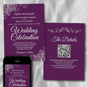 Convites Casamento Código QR Roxo & Prata Elegante