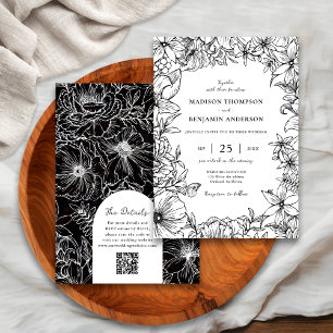 Convites Casamento Código QR RSVP Arco Floral Preto Branco