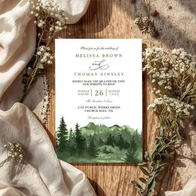 Convites Casamento Código QR Rústico Aquarela Floresta Mont (Criador carregado)