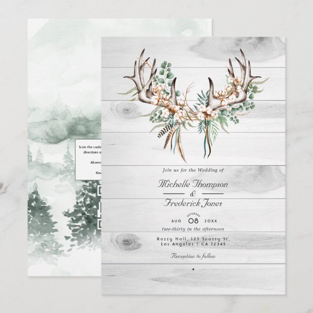 Convites Casamento Código QR Rústico Boho Algodão e Eucalip (Frente/Verso)