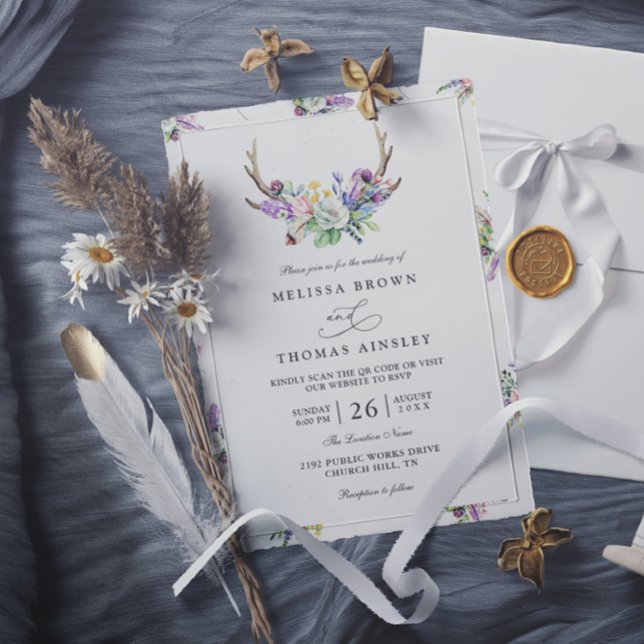 Convites Casamento Código QR Rústico Boho Antlers Flores Si (Criador carregado)