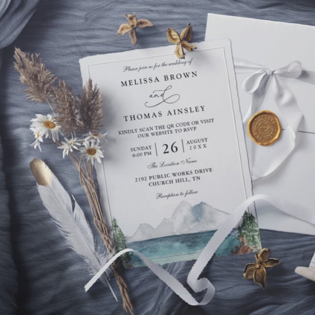 Convites Casamento Código QR Rústico Boho Lago Floresta Mon (Criador carregado)